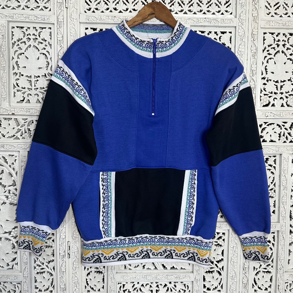 Vintage Blue Colorblock Aztec 1/4 Zip Long Sleeve Sweatshirt Sz Small